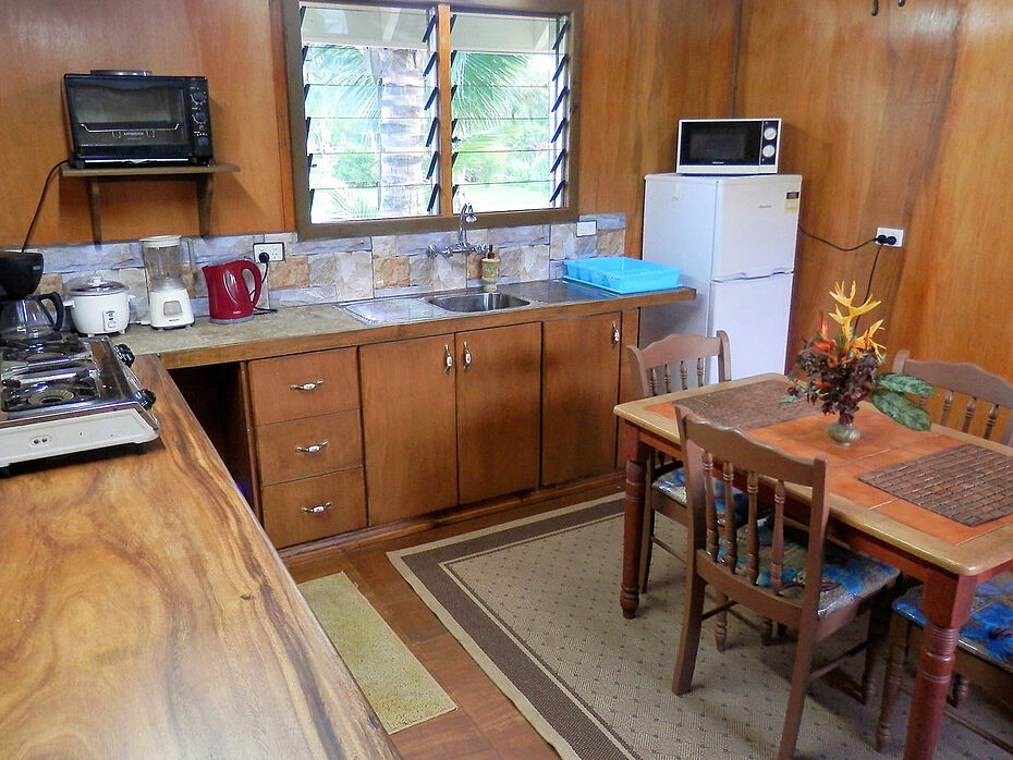 The kitchen has full size refrige/freezer, gas stove, dish and silver to serve up to 6 guests